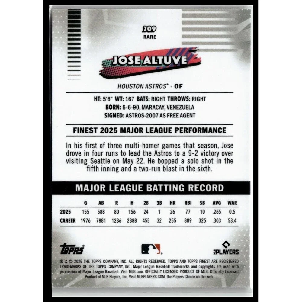 2026 Topps Finest Jose Altuve #209 Houston Astros RARE